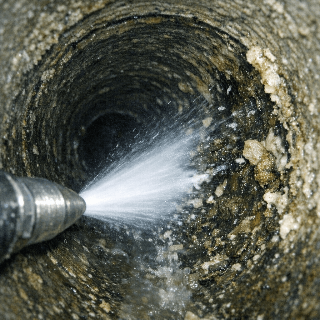 Klarer Wasserstrahl reinigt das Rohrinnere
