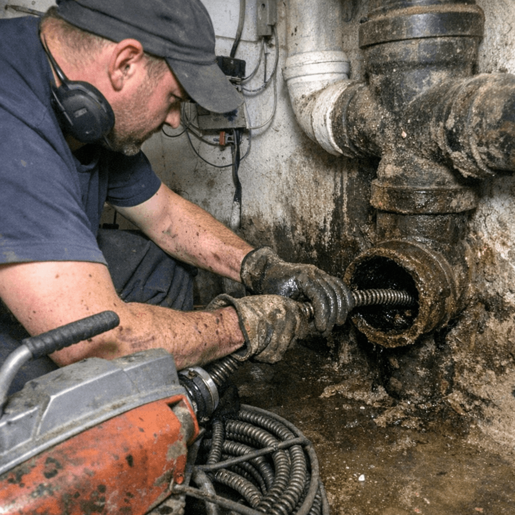 Professioneller Rohrreiniger bei der Arbeit am Abwasserrohr