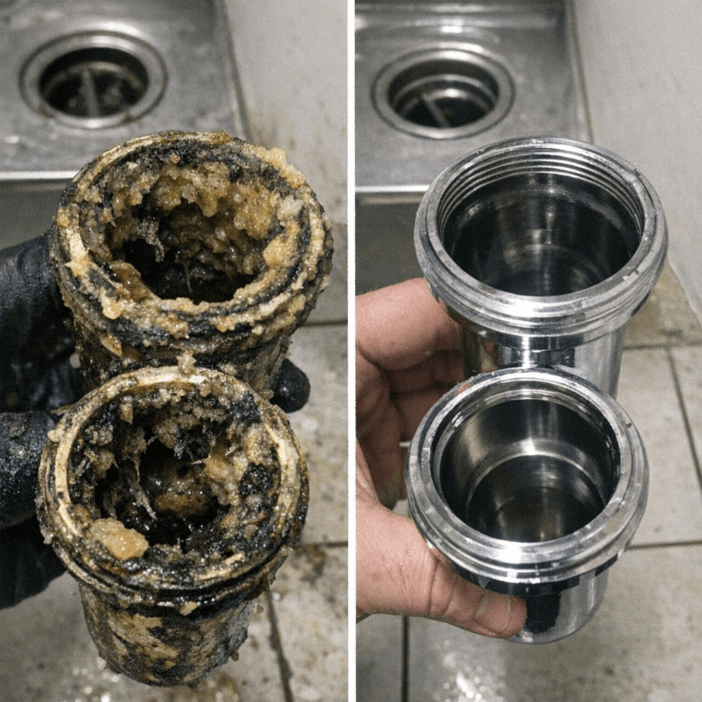 Verstopftes Siphon im Vorher Nachher Vergleich