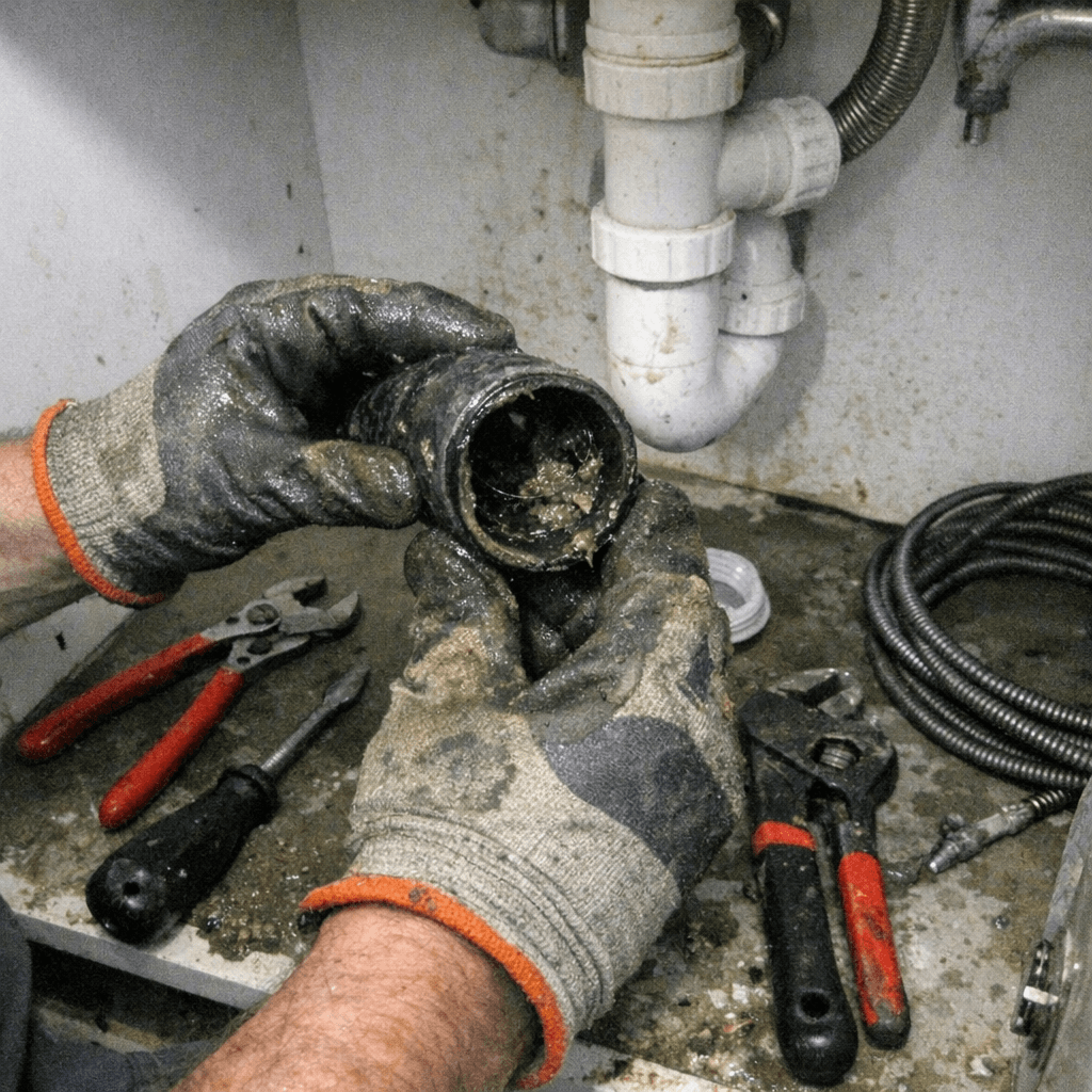 Fachmännische Hände bei der Prüfung eines Abwassersystems